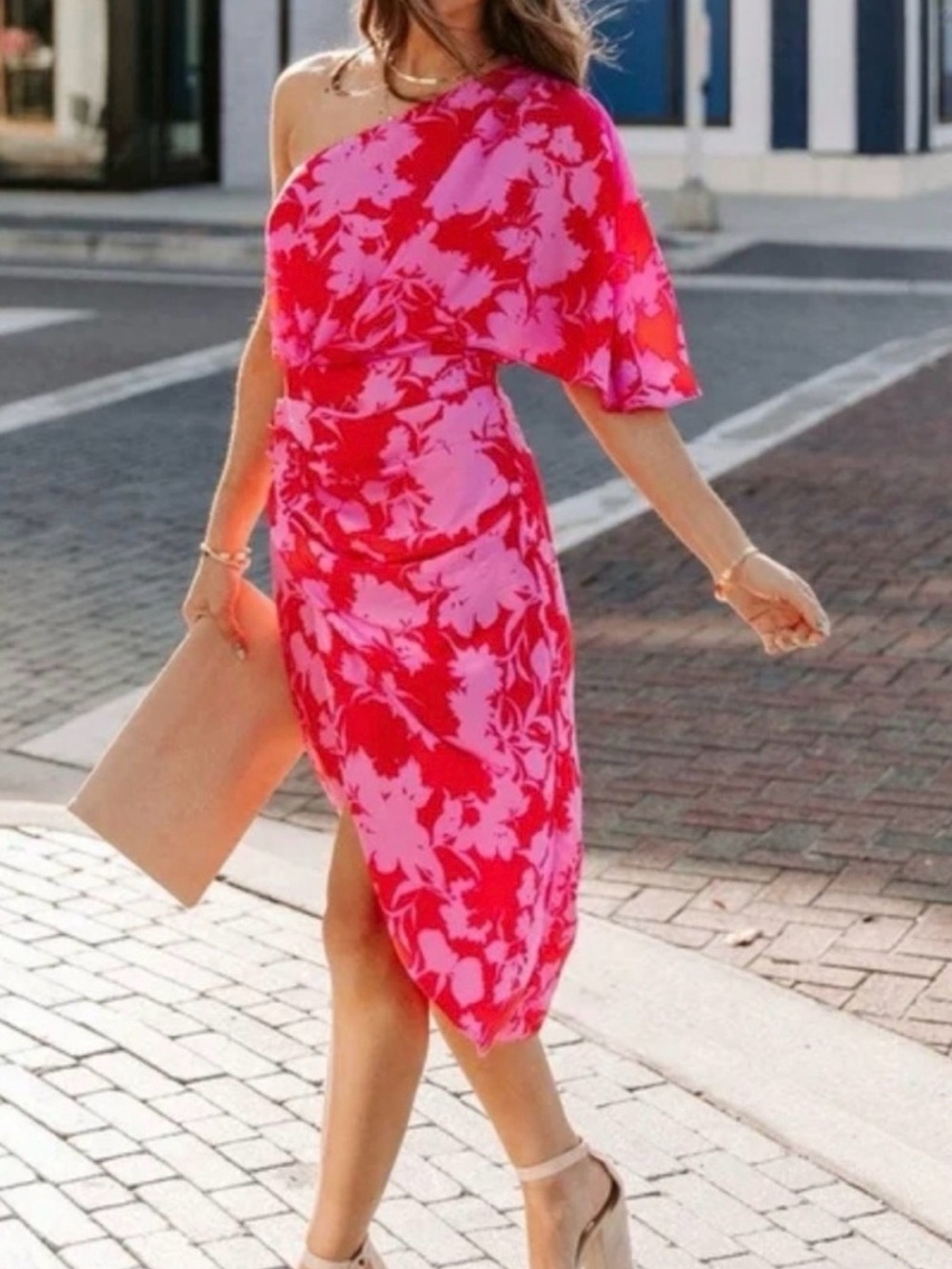 DO+BE One-Shoulder Floral Midi Dress in Hot Pink and Red